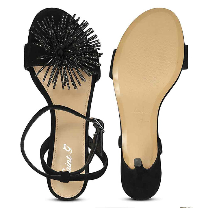 Women's Saint Liora Black Suede Fringe Stilettos, sole view