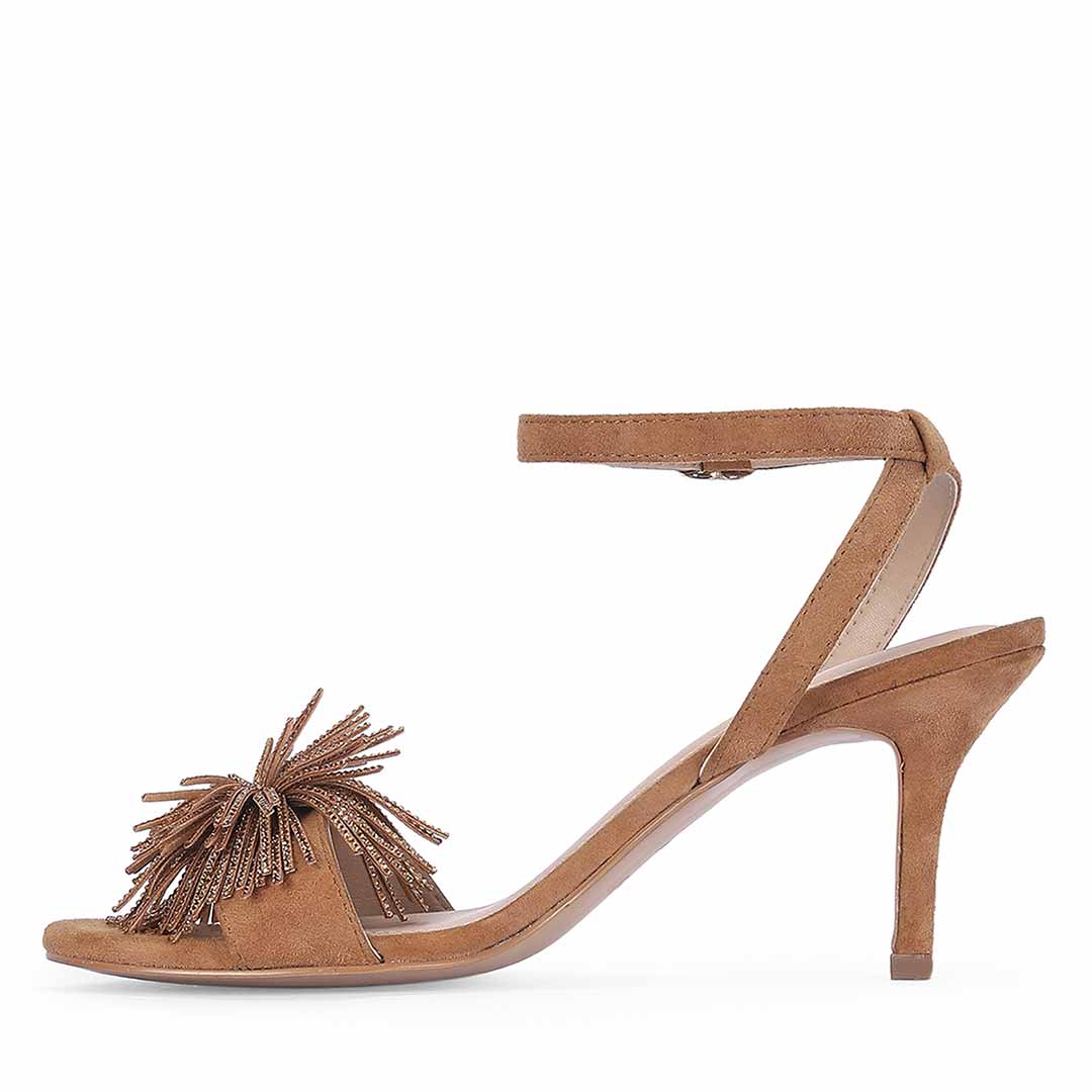 Women's Saint Liora Tan Suede Leather Fringe Stilettos, angled view