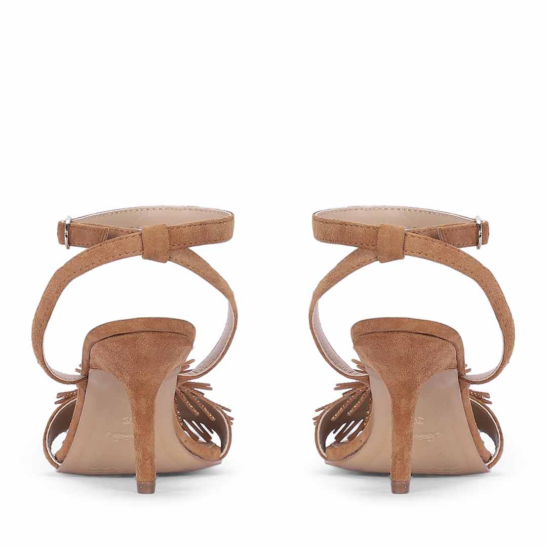 Women's Saint Liora Tan Suede Leather Fringe Stilettos, back pair view