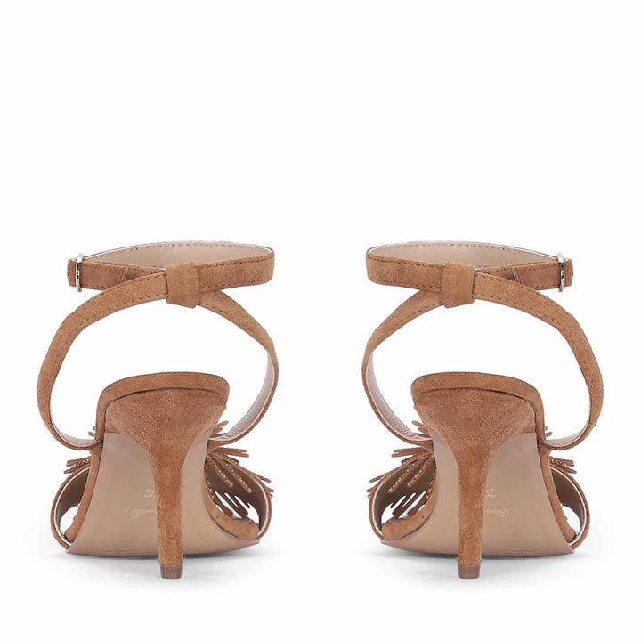 Women's Saint Liora Tan Suede Leather Fringe Stilettos, back pair view