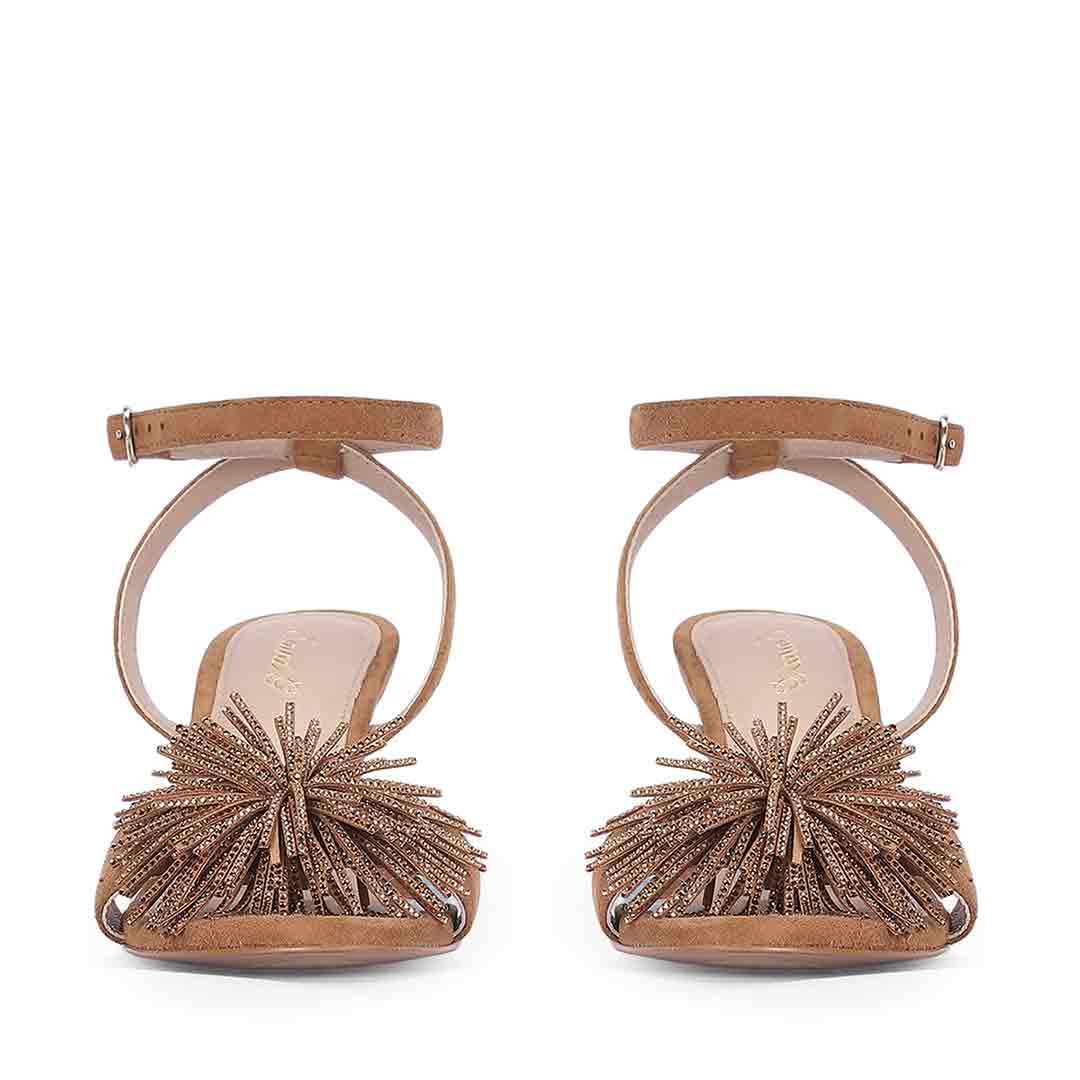 Women's Saint Liora Tan Suede Leather Fringe Stilettos, front pair view