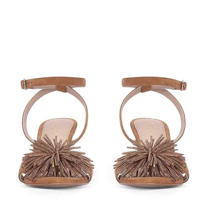 Women's Saint Liora Tan Suede Leather Fringe Stilettos, front pair view