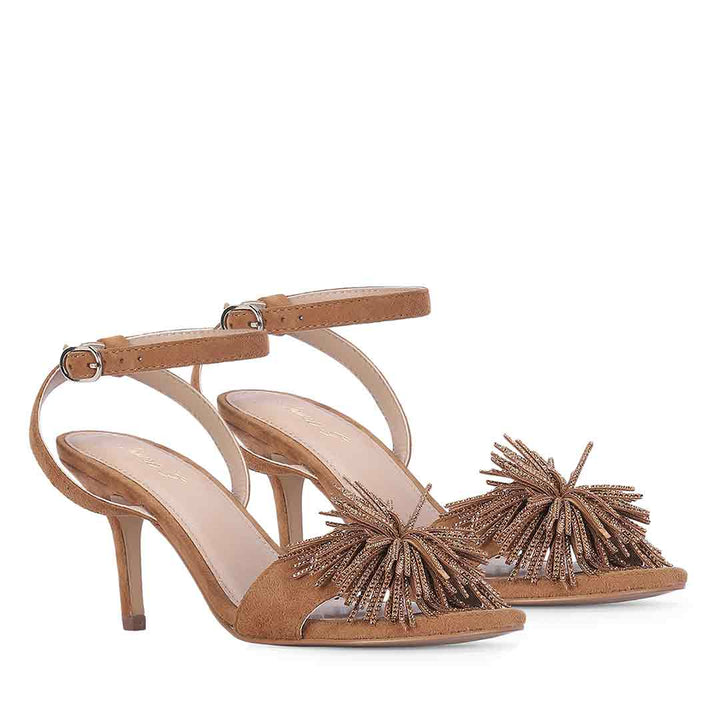 Women's Saint Liora Tan Suede Leather Fringe Stilettos, pair view