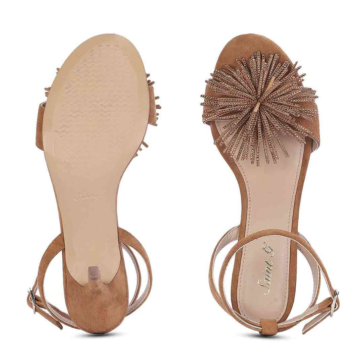 Women's Saint Liora Tan Suede Leather Fringe Stilettos, sole view