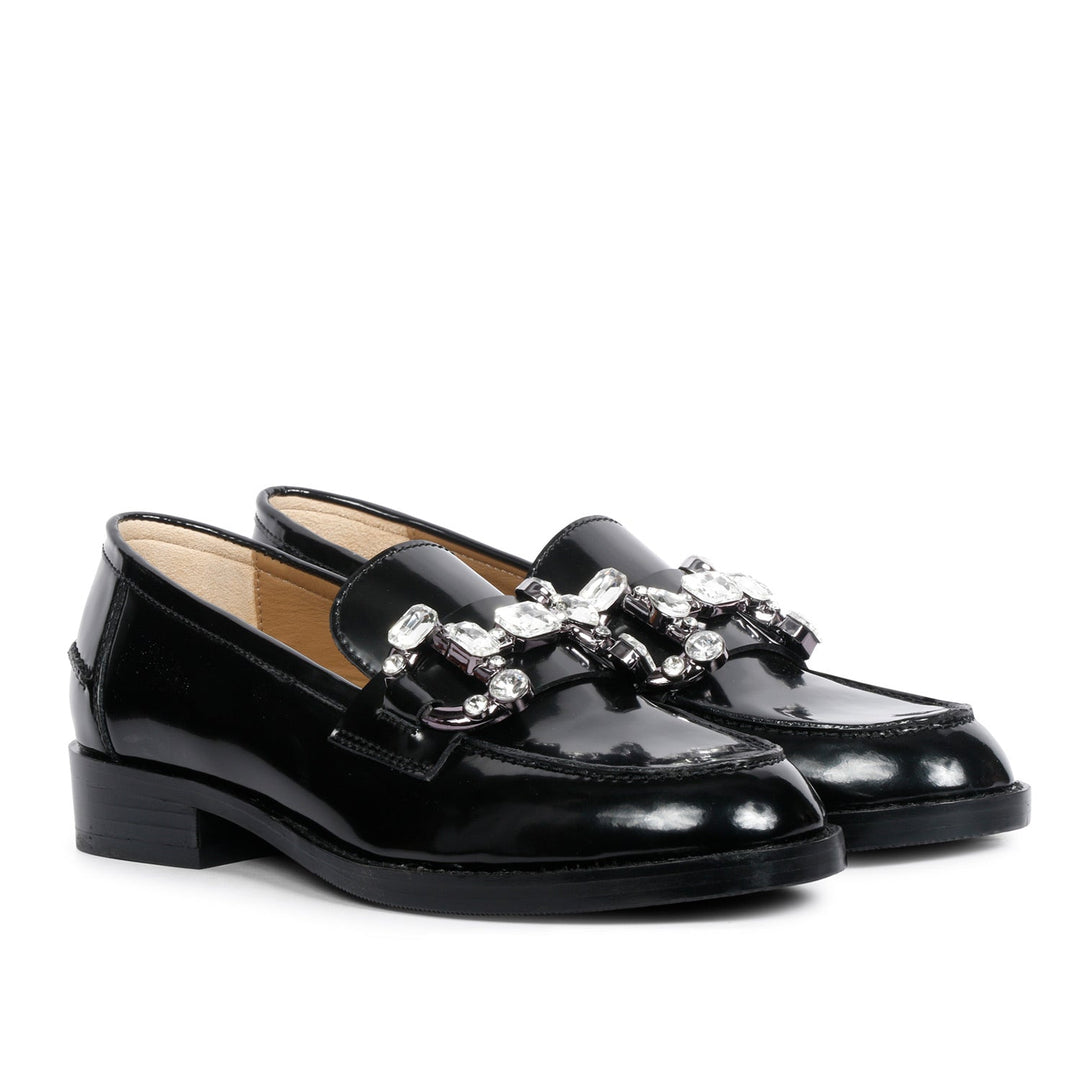 Best Ladies black leather crystal-embellished moccasins for women, angled pair view, UK