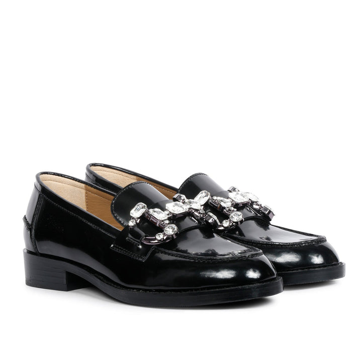 Best Ladies black leather crystal-embellished moccasins for women, angled pair view, UK