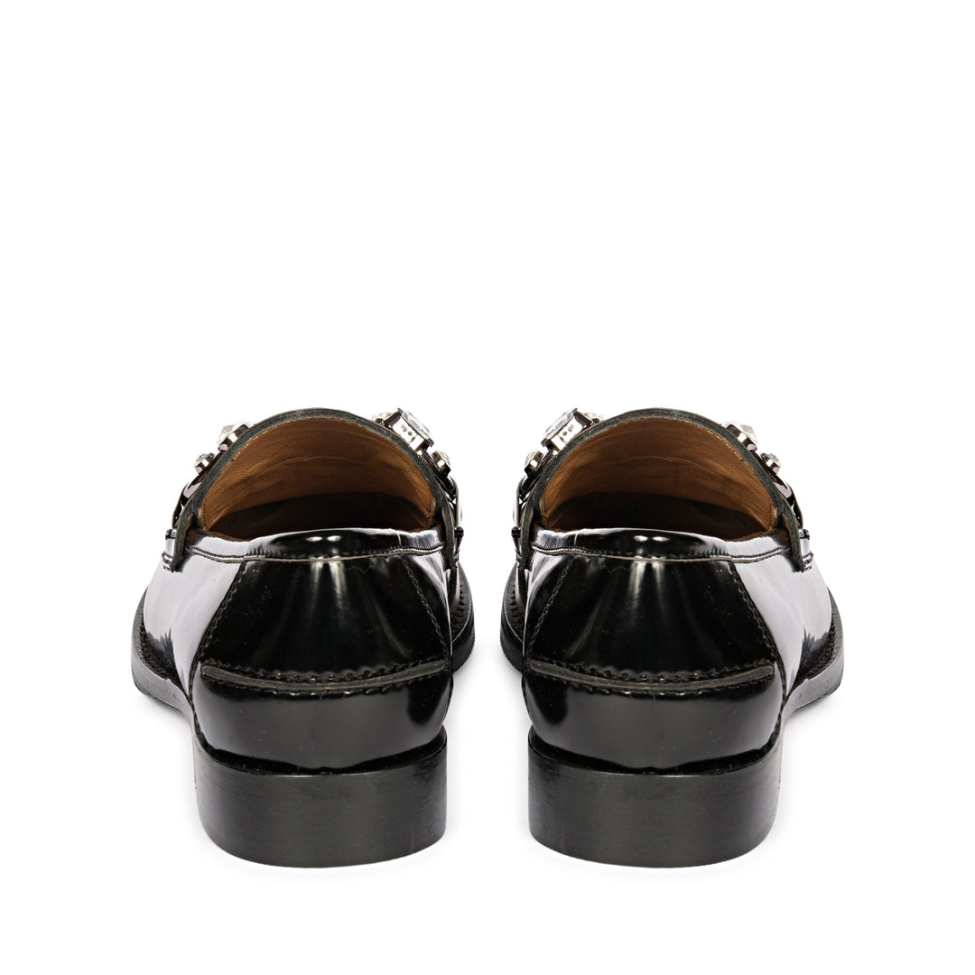 Ladies best black leather crystal moccasins, back heel view, UK