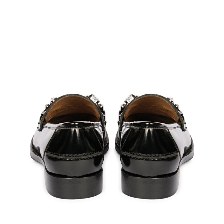 Ladies best black leather crystal moccasins, back heel view, UK