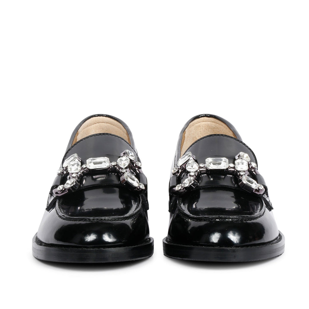 Best black leather crystal-embellished moccasins, front pair close-up, UK