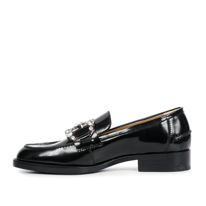 Women's black leather crystal moccasins, mirrored side profile, UK