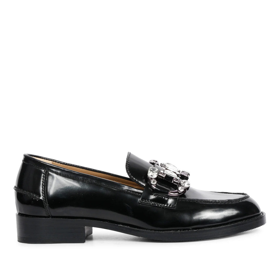 Best Women's black leather crystal-embellished moccasins, side view, UK