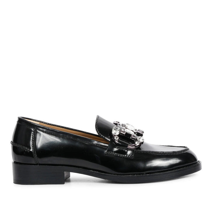 Best Women's black leather crystal-embellished moccasins, side view, UK