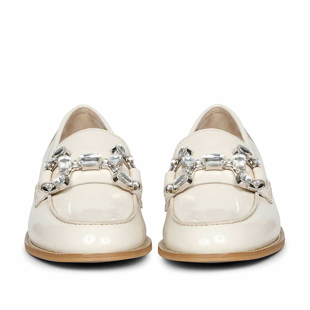 Women's Off-White Leather Crystal Buckle moccasinss, Front View — Best Ladies Shoes UK