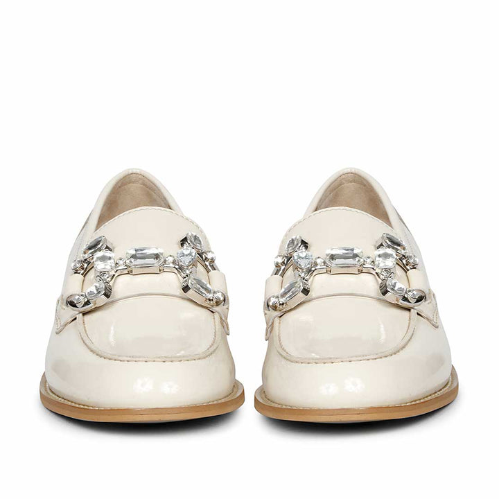 Women's Off-White Leather Crystal Buckle moccasinss, Front View — Best Ladies Shoes UK