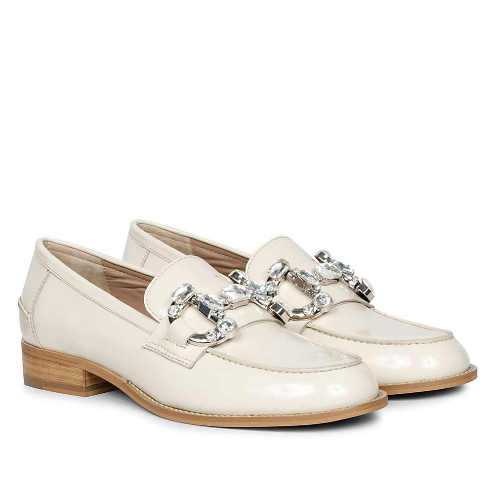 Women's Off-White Leather Crystal moccasinss, Pair Angled View — Best Ladies Moccasins UK