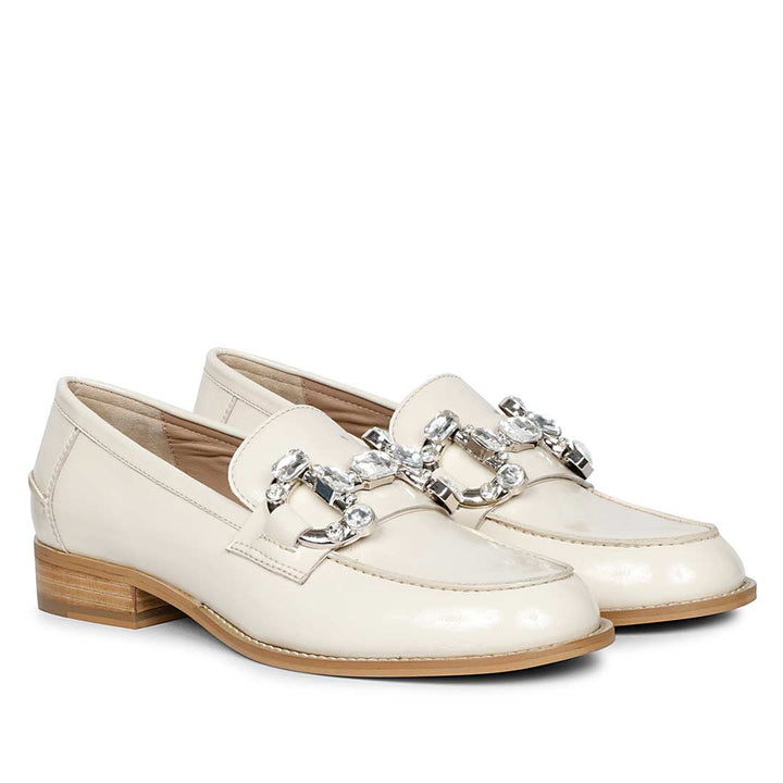 Women's Off-White Leather Crystal moccasinss, Pair Angled View — Best Ladies Moccasins UK