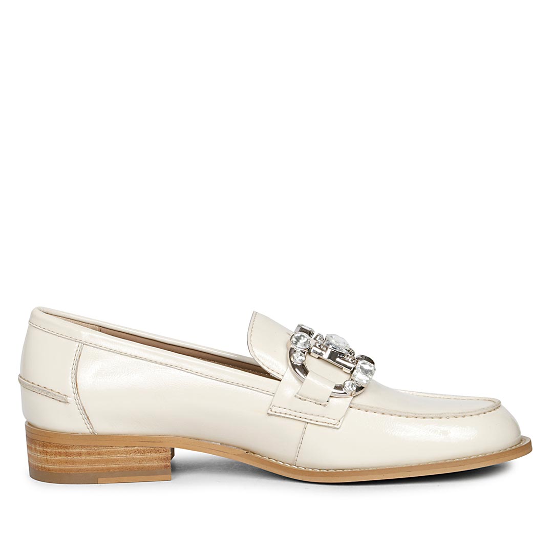 Best Women's Off-White Leather Crystal Buckle moccasins, Side View — Ladies Moccasins UK