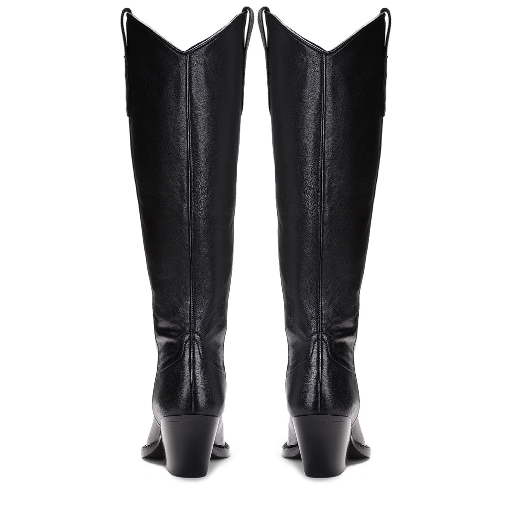 Saint Loanna black leather knee high boots, back pair view showing block heel