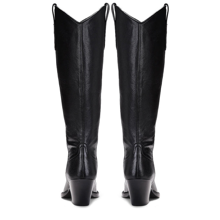 Saint Loanna black leather knee high boots, back pair view showing block heel