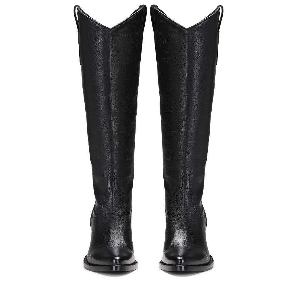 Saint Loanna black knee high boots, straight-on front pair view