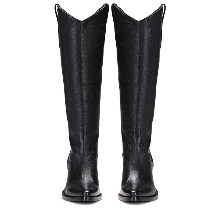 Saint Loanna black knee high boots, straight-on front pair view