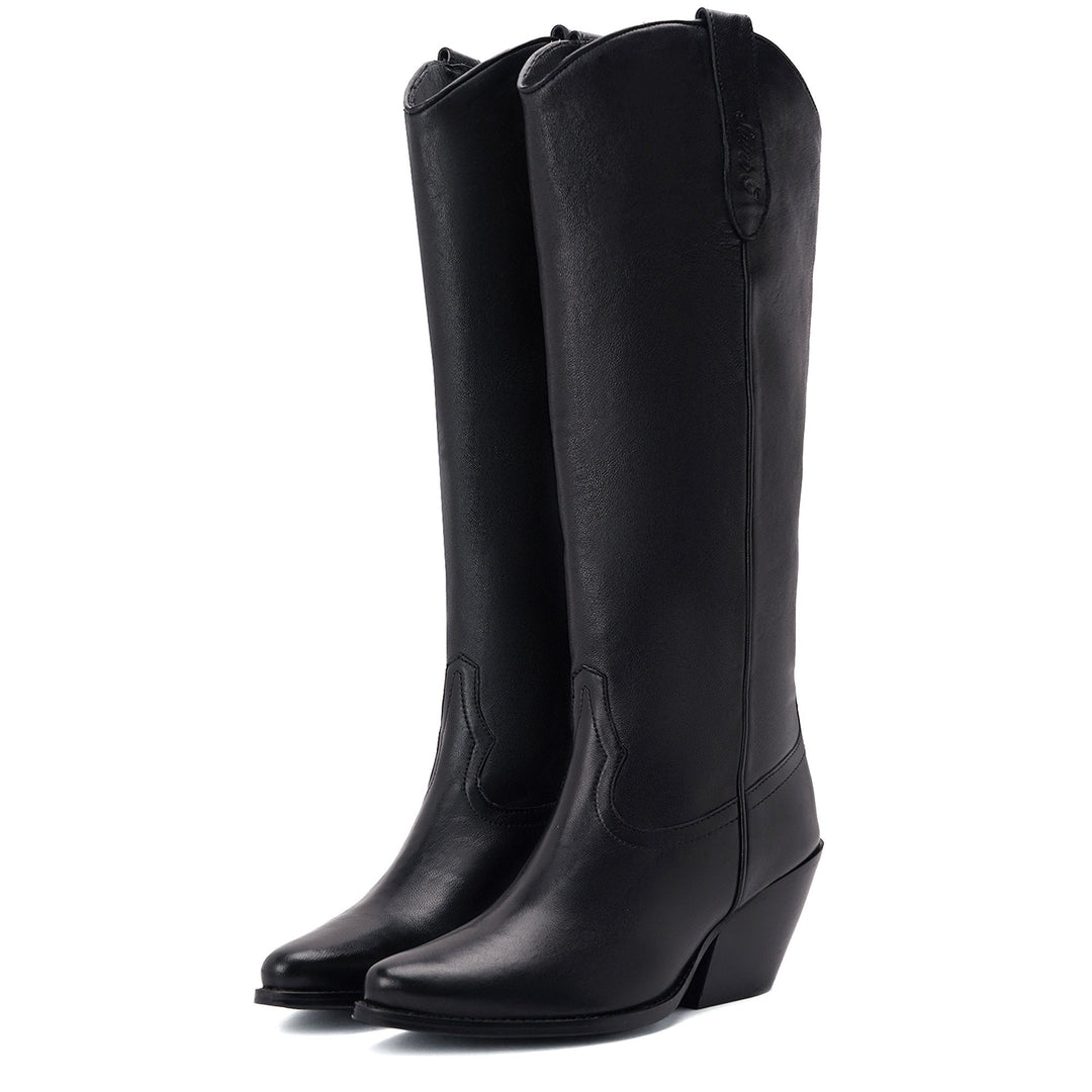 Women's black leather block heel knee high boots, front pair view
