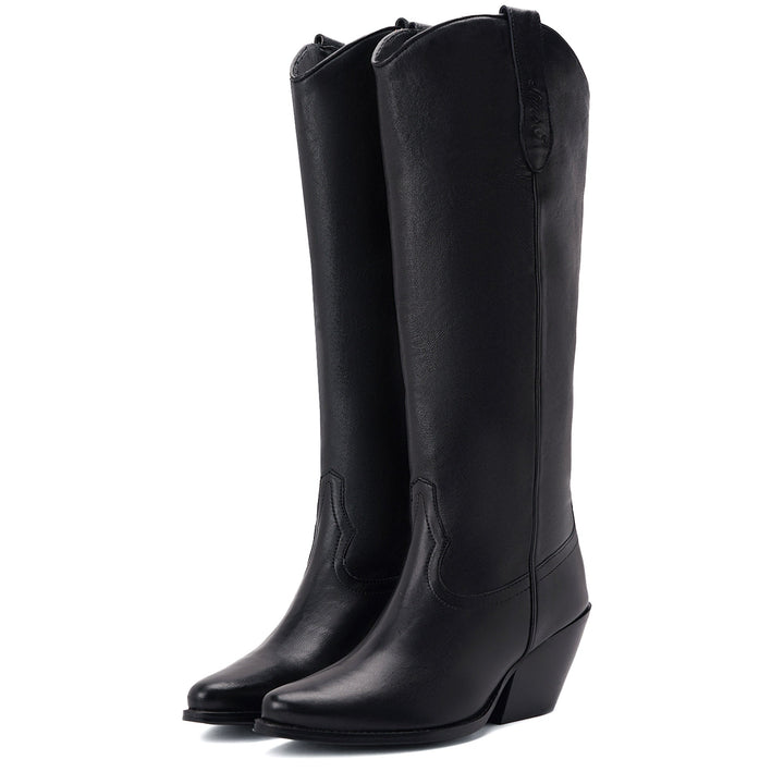 Women's black leather block heel knee high boots, front pair view