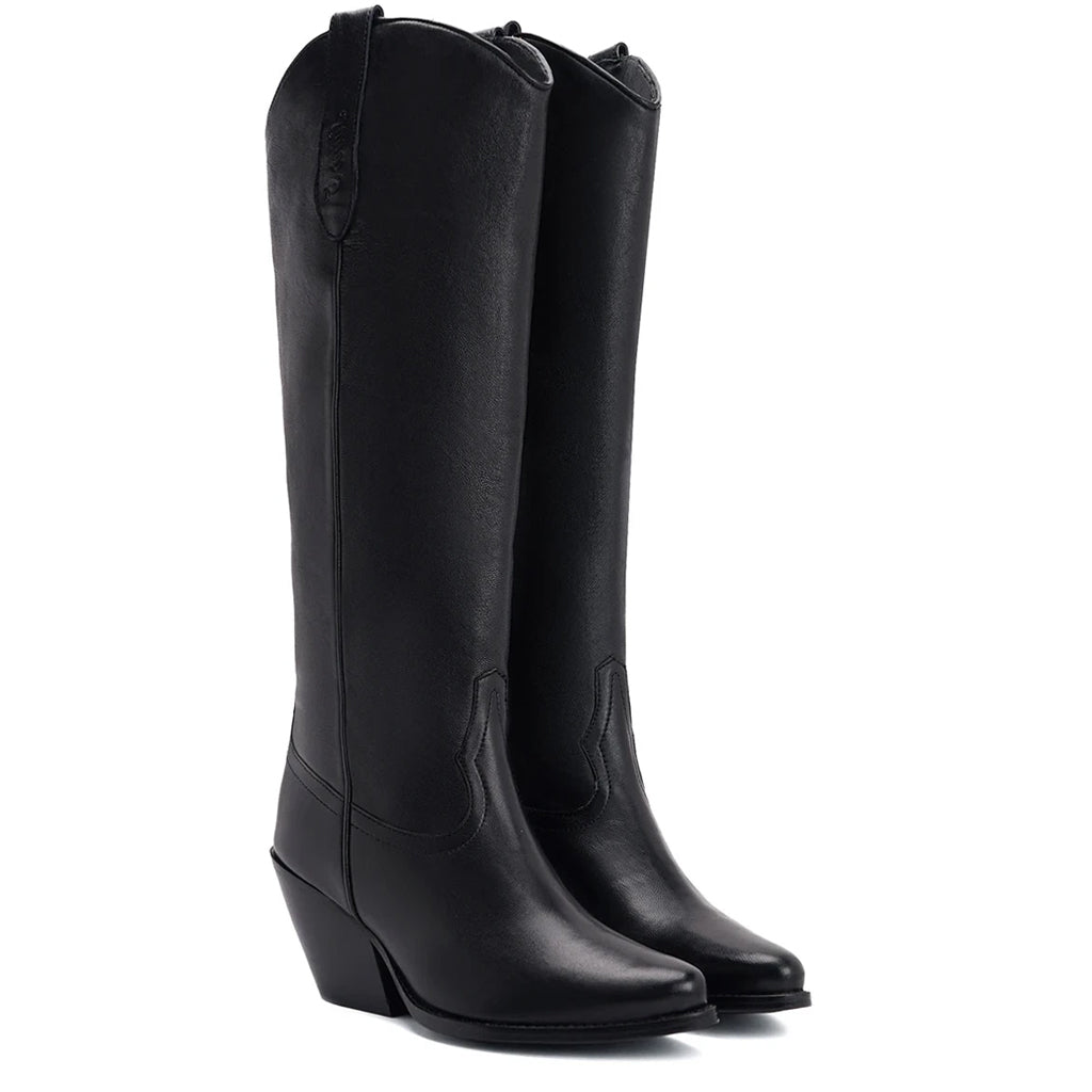 Black leather block heel knee high boots for women UK, pair view showing western-cut shaft and angled heel