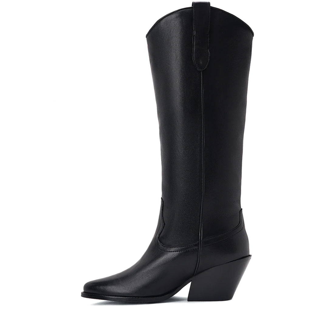 Saint Loanna black knee high boots, alternate side view of western-cut shaft