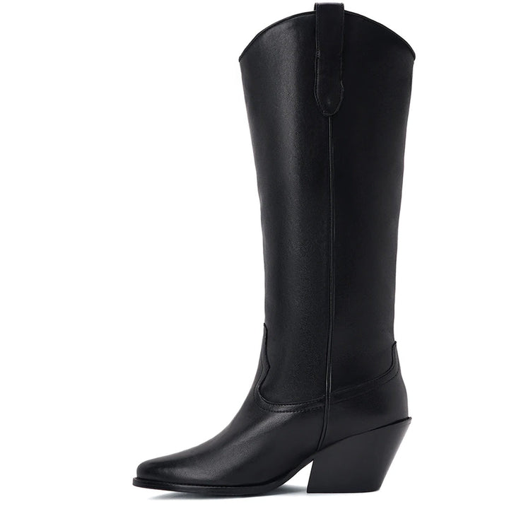 Saint Loanna black knee high boots, alternate side view of western-cut shaft
