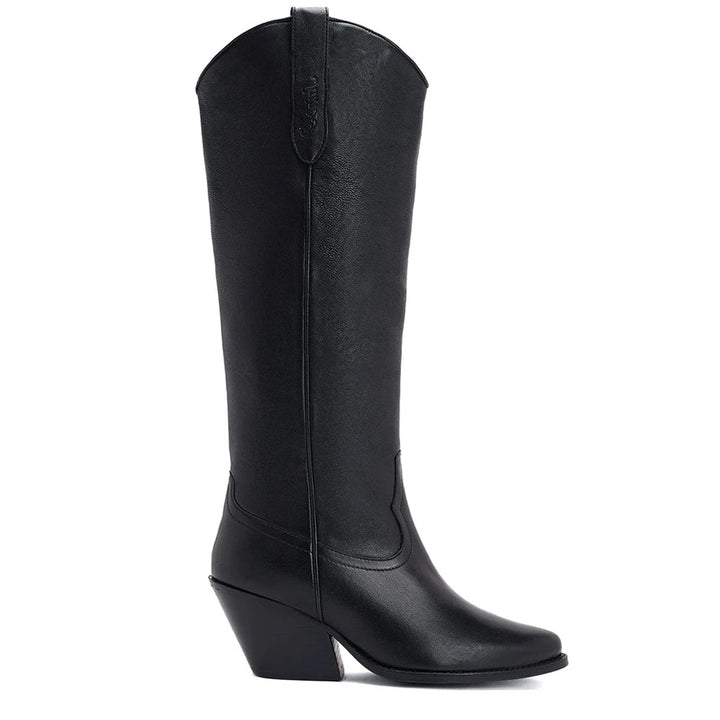 Saint Loanna black leather block heel knee high boots for women, western-cut side view