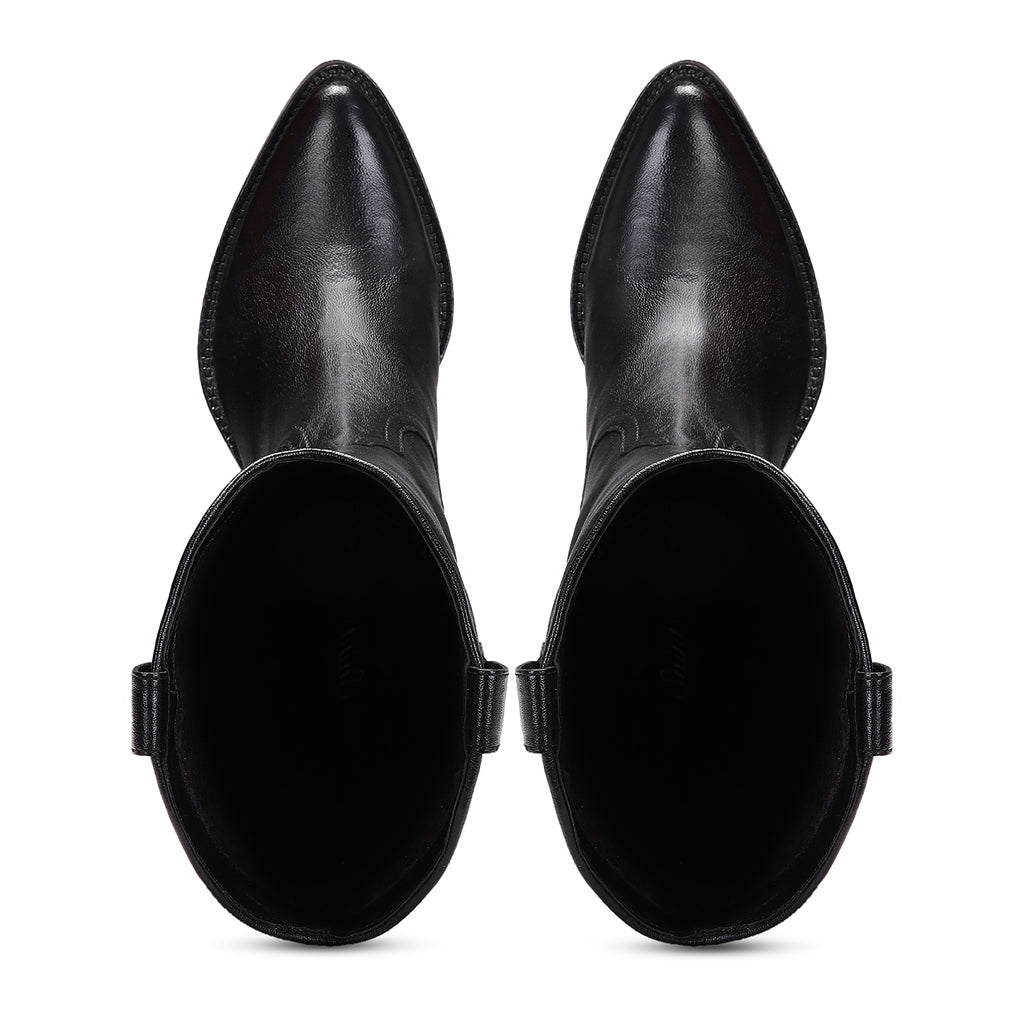 Saint Loanna black leather knee high boots, top-down view of toe and interior