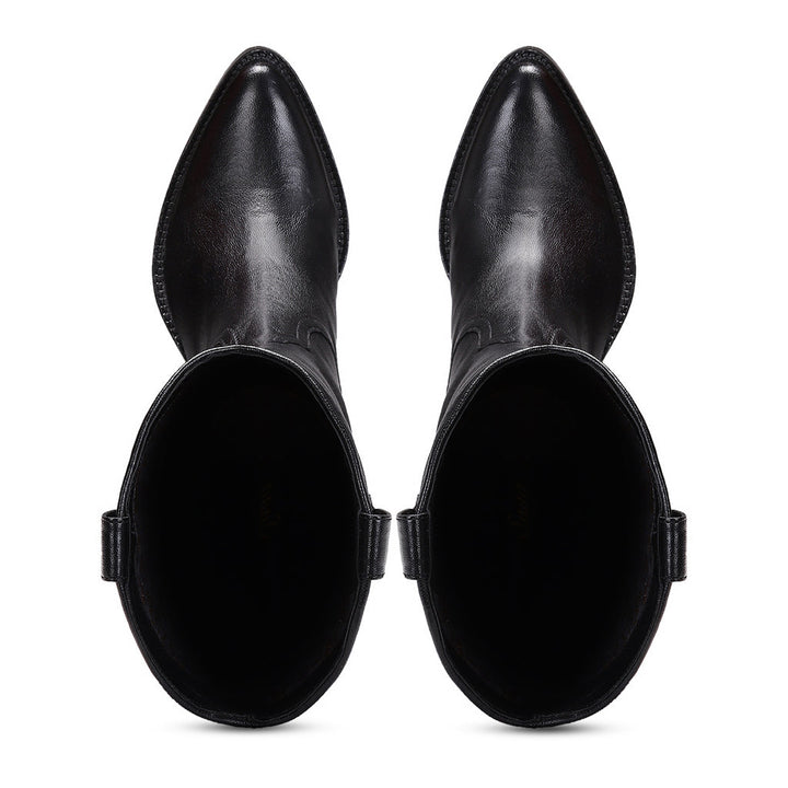Saint Loanna black leather knee high boots, top-down view of toe and interior