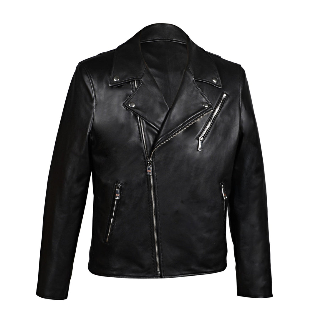 Black leather biker-style jacket with an asymmetric zip, shown flat.