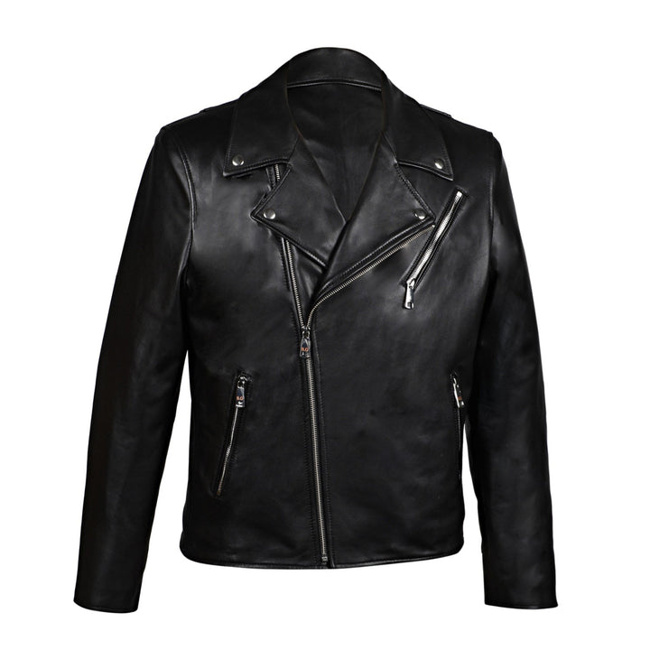 Black leather biker-style jacket with an asymmetric zip, shown flat.
