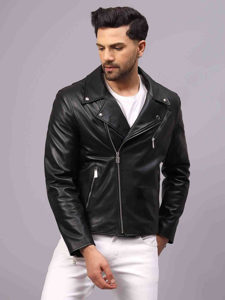 Man wearing an open black leather biker-style jacket with a notched lapel.
