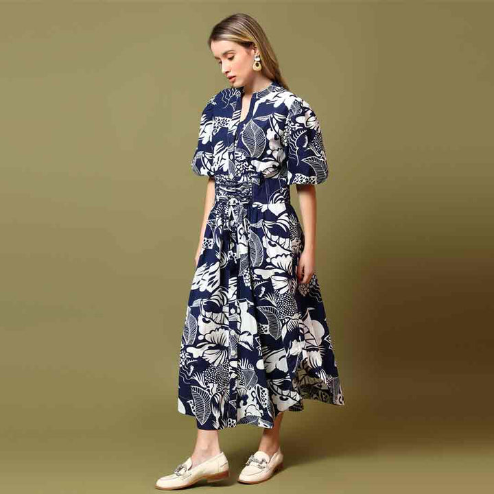Women's navy white botanical print midi dress by Saint Louise, front view.