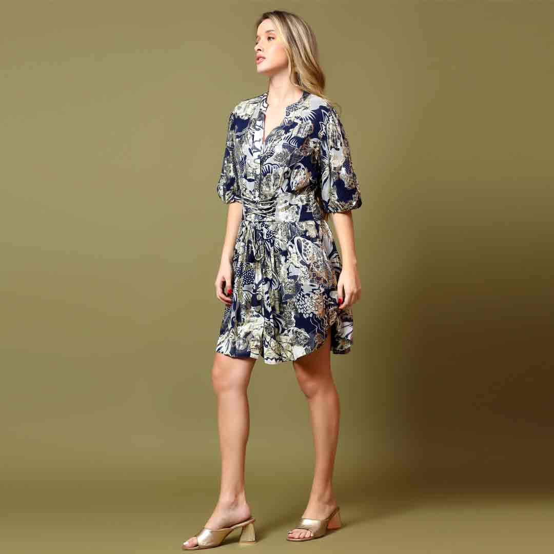 Women's navy olive tropical lurex short dress by Saint Lucie, three-quarter front view.