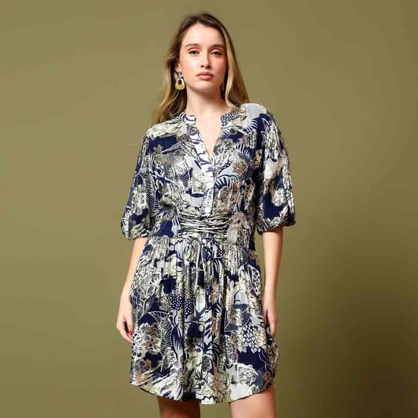 Saint Lucie navy olive tropical lurex short dress for women UK, front view with puff sleeves.