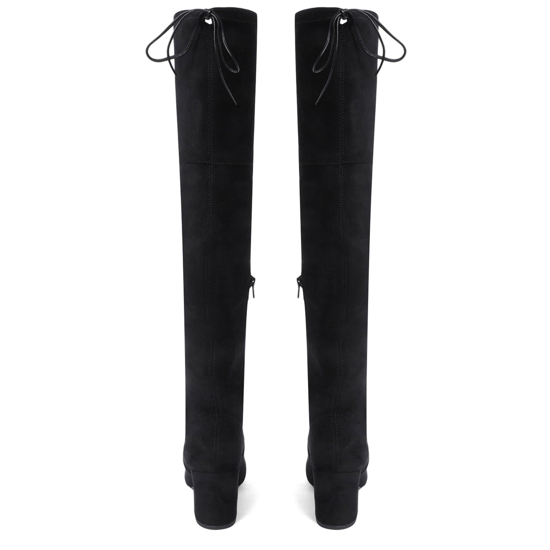 Saint Luisa black suede boots UK, back pair view showing drawstring cuff