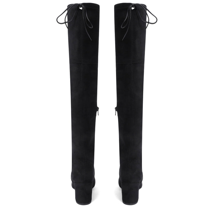 Saint Luisa black suede boots UK, back pair view showing drawstring cuff