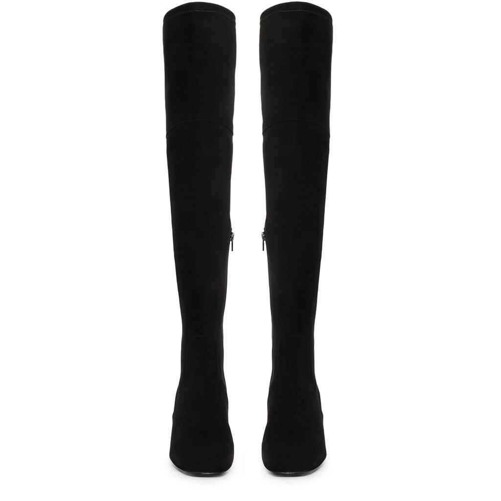 Women's black stretch suede above the knee boots UK, front pair view