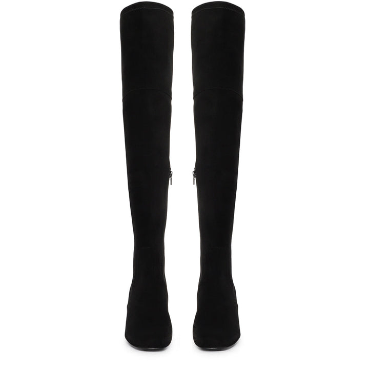 Women's black stretch suede above the knee boots UK, front pair view