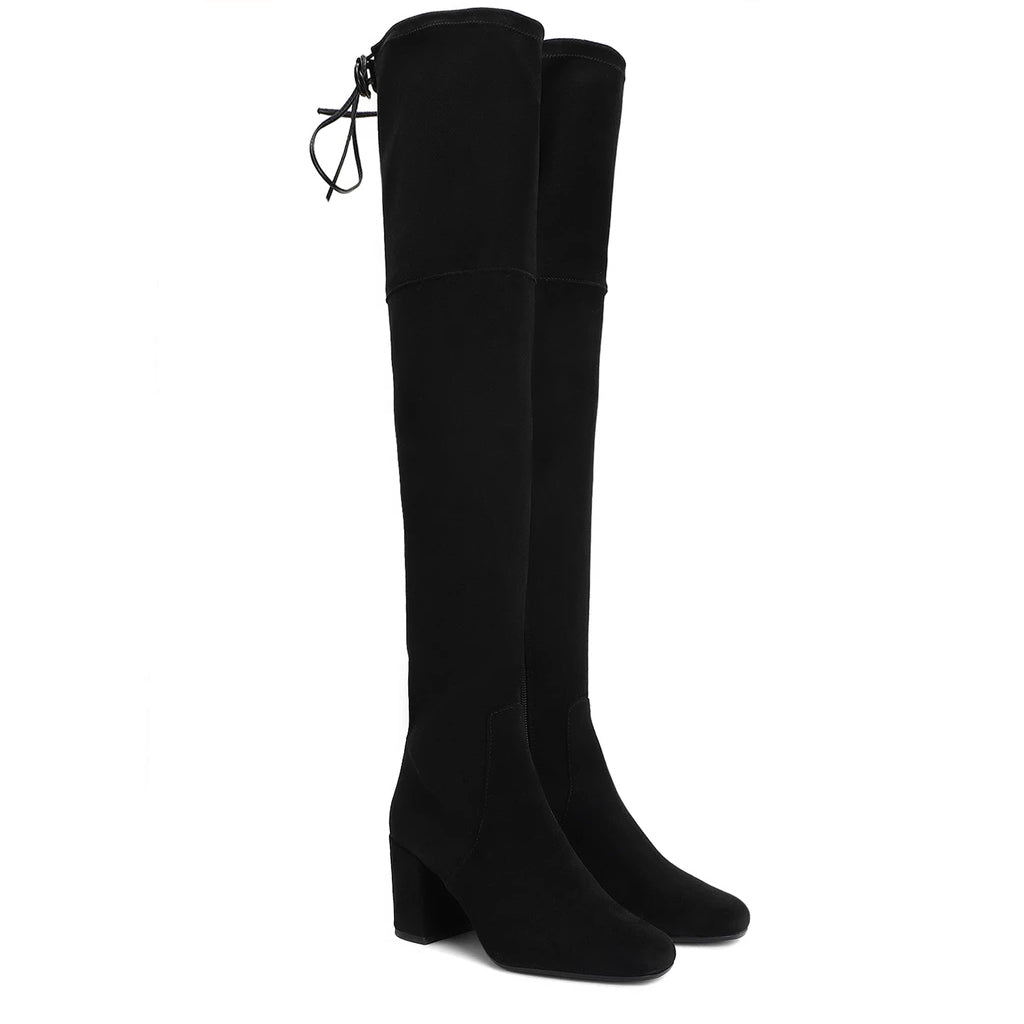 Black stretch suede above the knee boots for women UK, pair view showing drawstring cuff