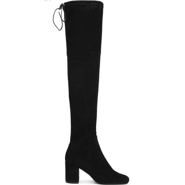 Saint Luisa black stretch suede above the knee boots for women UK, side view of block heel