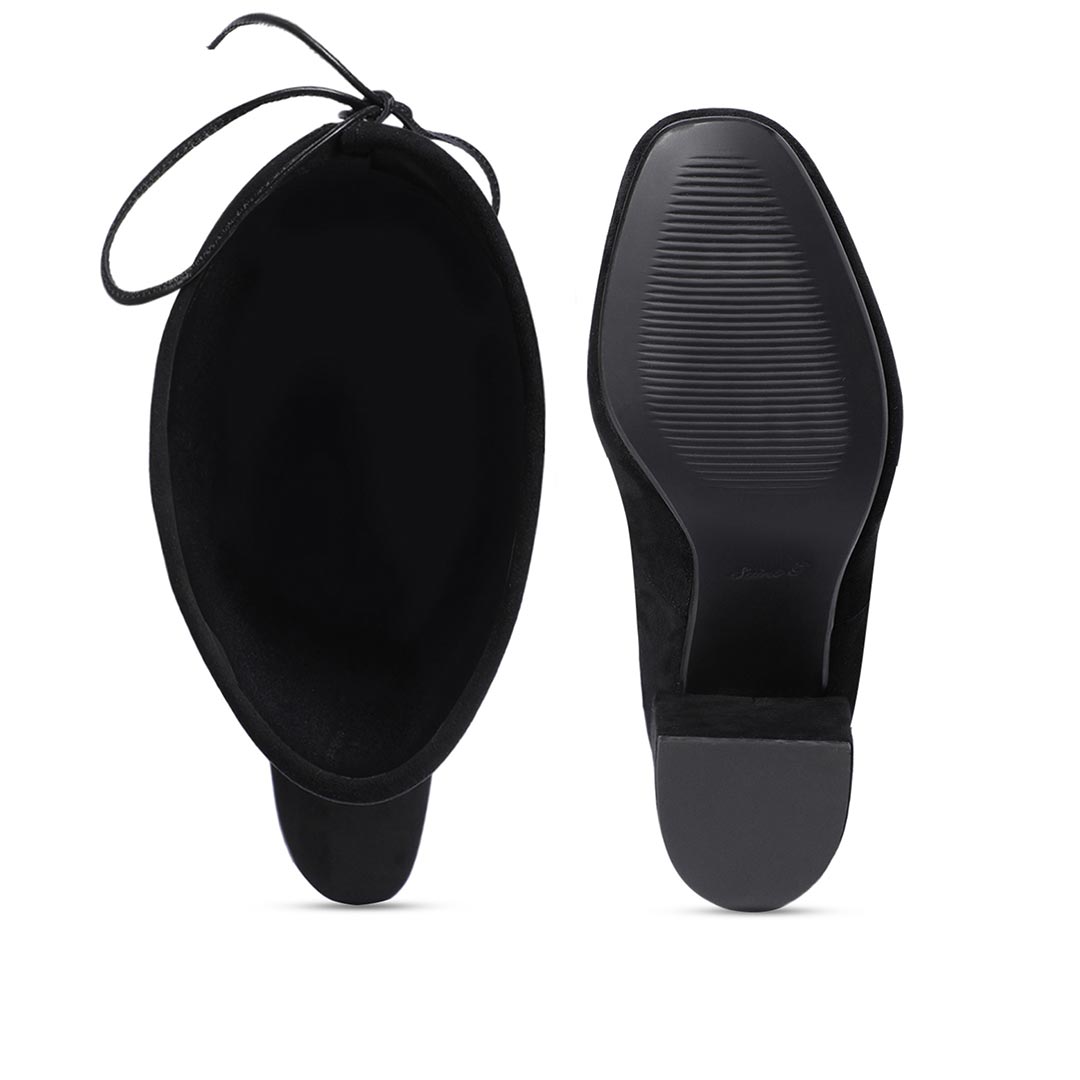 Saint Luisa black stretch suede boots UK, interior and sole view