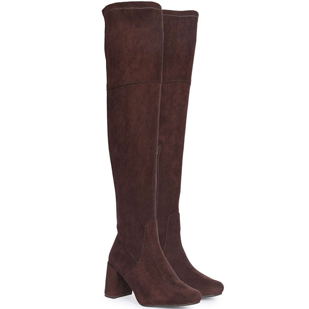 Brown stretch suede thigh high boots for women UK, pair view