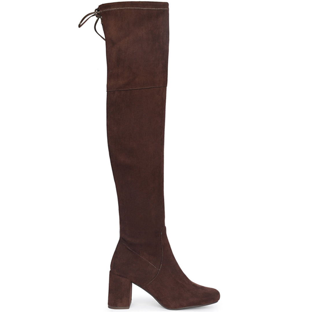 Saint Luisa brown stretch suede thigh high boots for women UK, side view of block heel