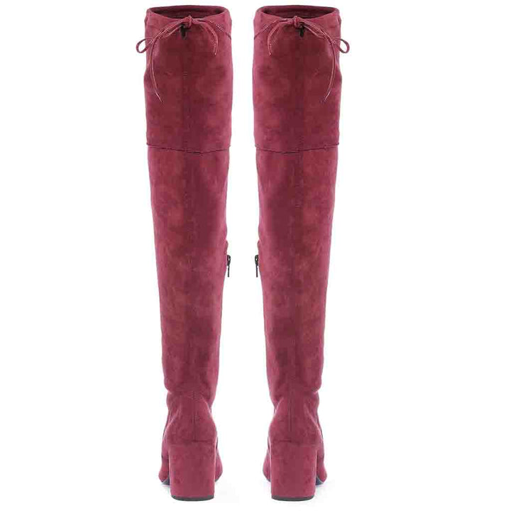Saint Luisa maroon suede boots UK, back pair view showing drawstring cuff