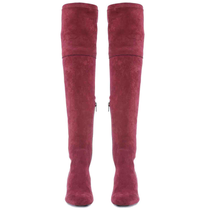 Women's maroon stretch suede thigh high boots UK, front pair view